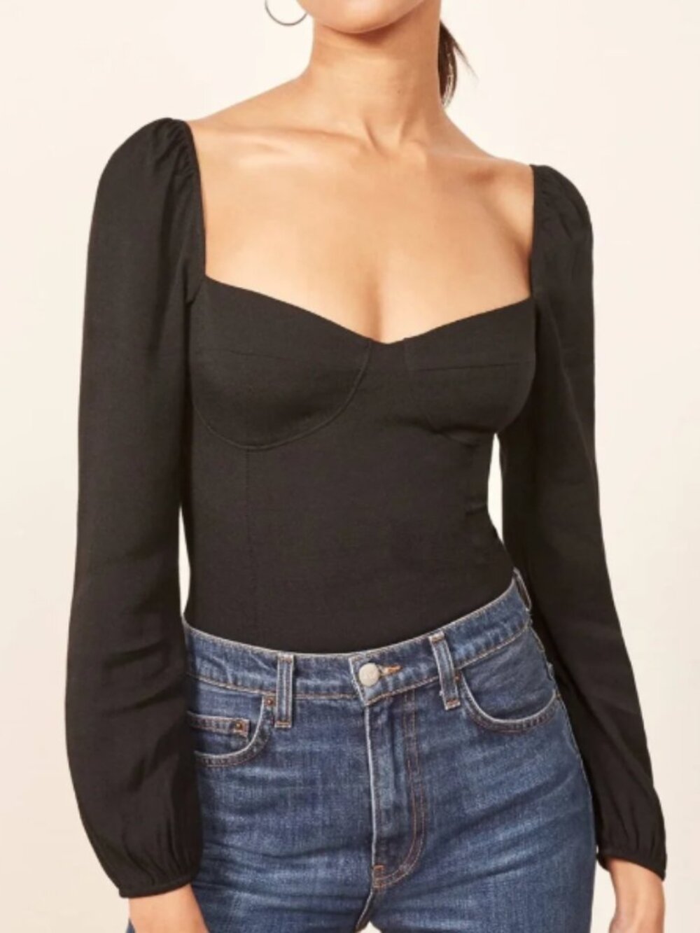 Reformation Women's Reign Sweetheart Neckline Long Sleeve Top Size 4 Black